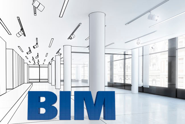 Schriftzug von Building Information Modeling, kurz BIM in einem leeren Flur, der halb gezeichnet, halb echt ist, mit Säulen