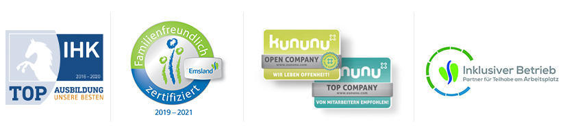 Auszeichnungen der Kampmann GmbH im Karrierebereich (TOP-Ausbildungsbetrieb, Gütesiegel Familienfreundlichkeit, kununu mit Open und TOP Company und Inklusiver Betrieb)